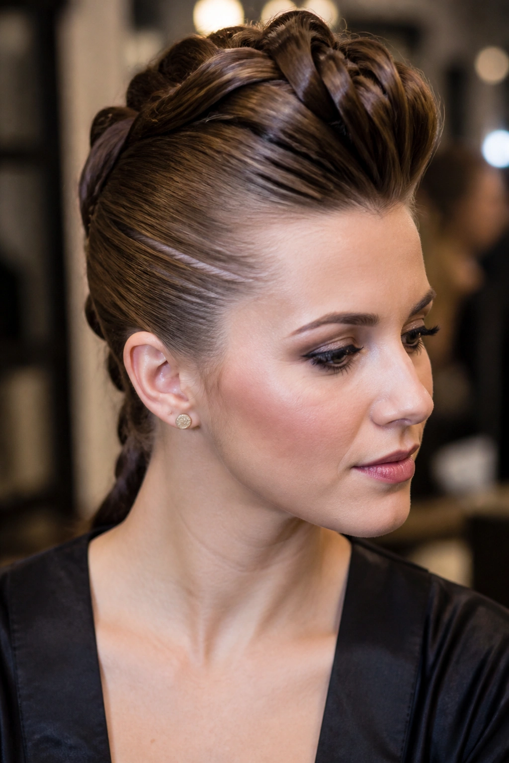 Portrait of a woman with a braided pompadour and sleek sides.