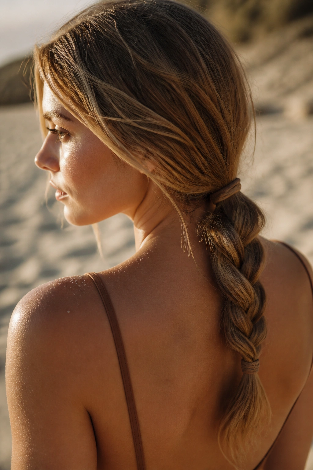 Close-up of a real woman with a low braided ponytail at the beach