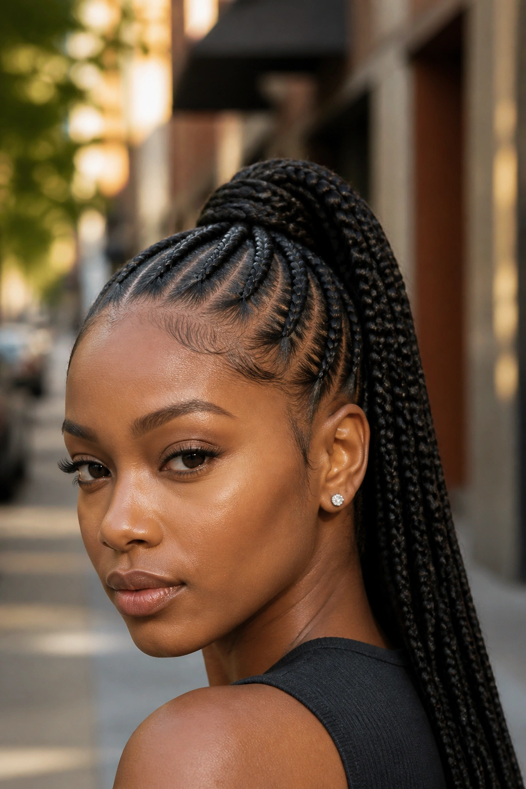 Close-up of a Black woman with a high braided ponytail in warm afternoon light.