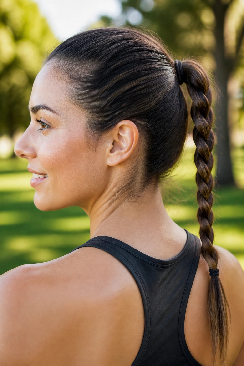Close-up of a real person with a neatly braided ponytail