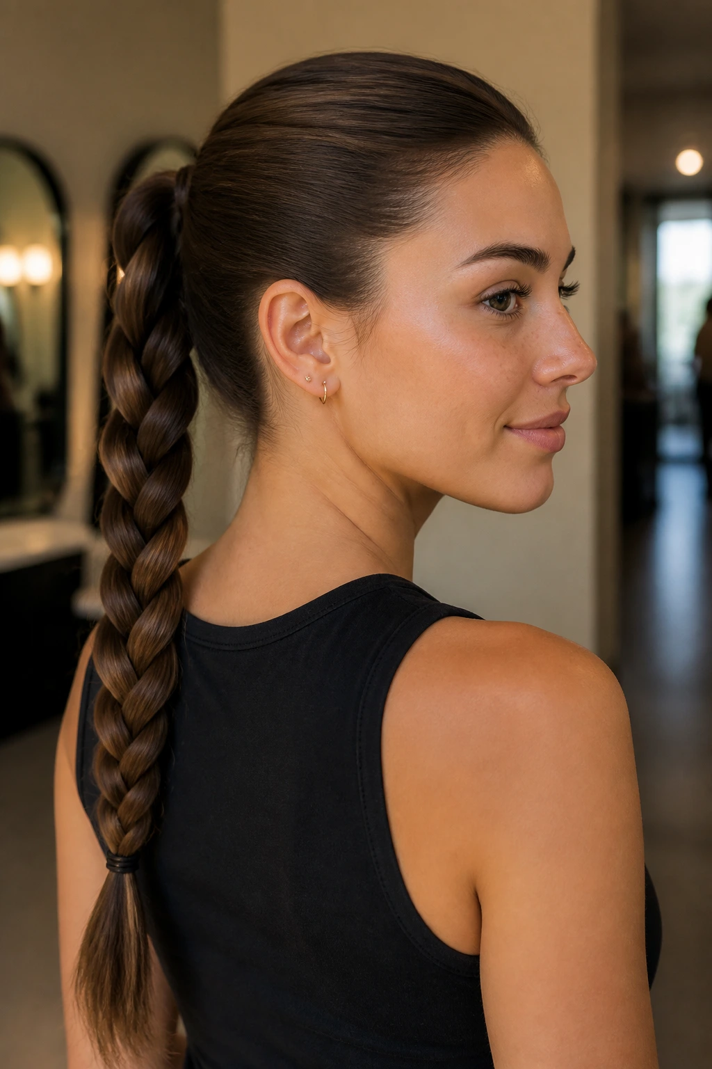 Close-up of a real woman with a braided ponytail along the back
