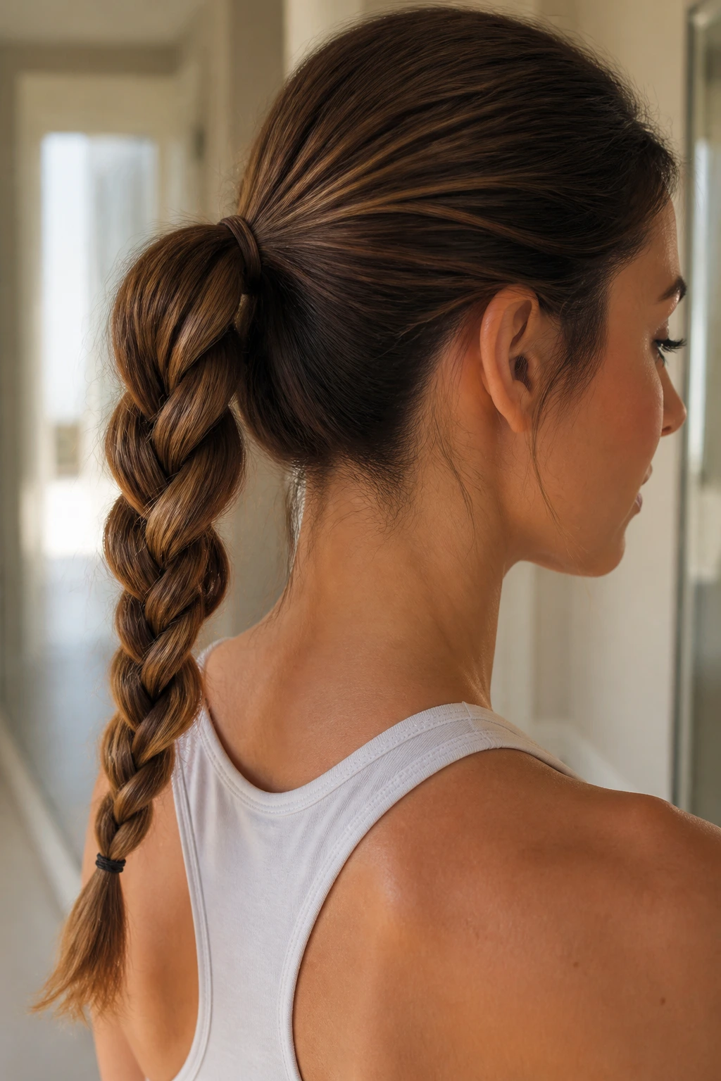 Close-up of a real woman with a mid-to-low braided ponytail