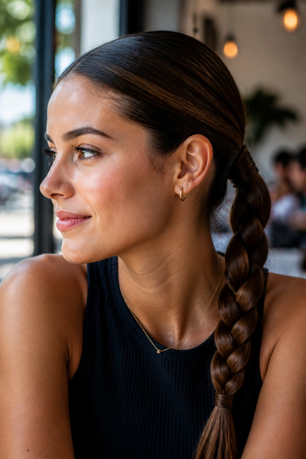 Close-up portrait of a real woman with a low braided ponytail, natural daylight.