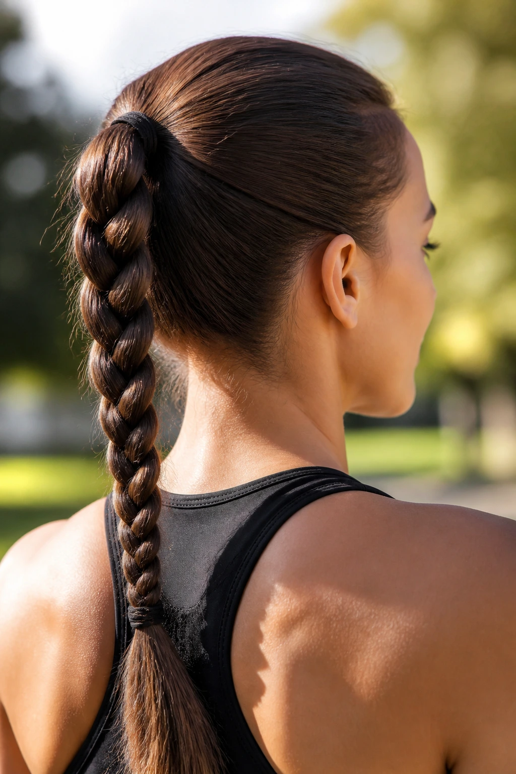 Close-up of a real person with a braided ponytail showing a three-strand braid.