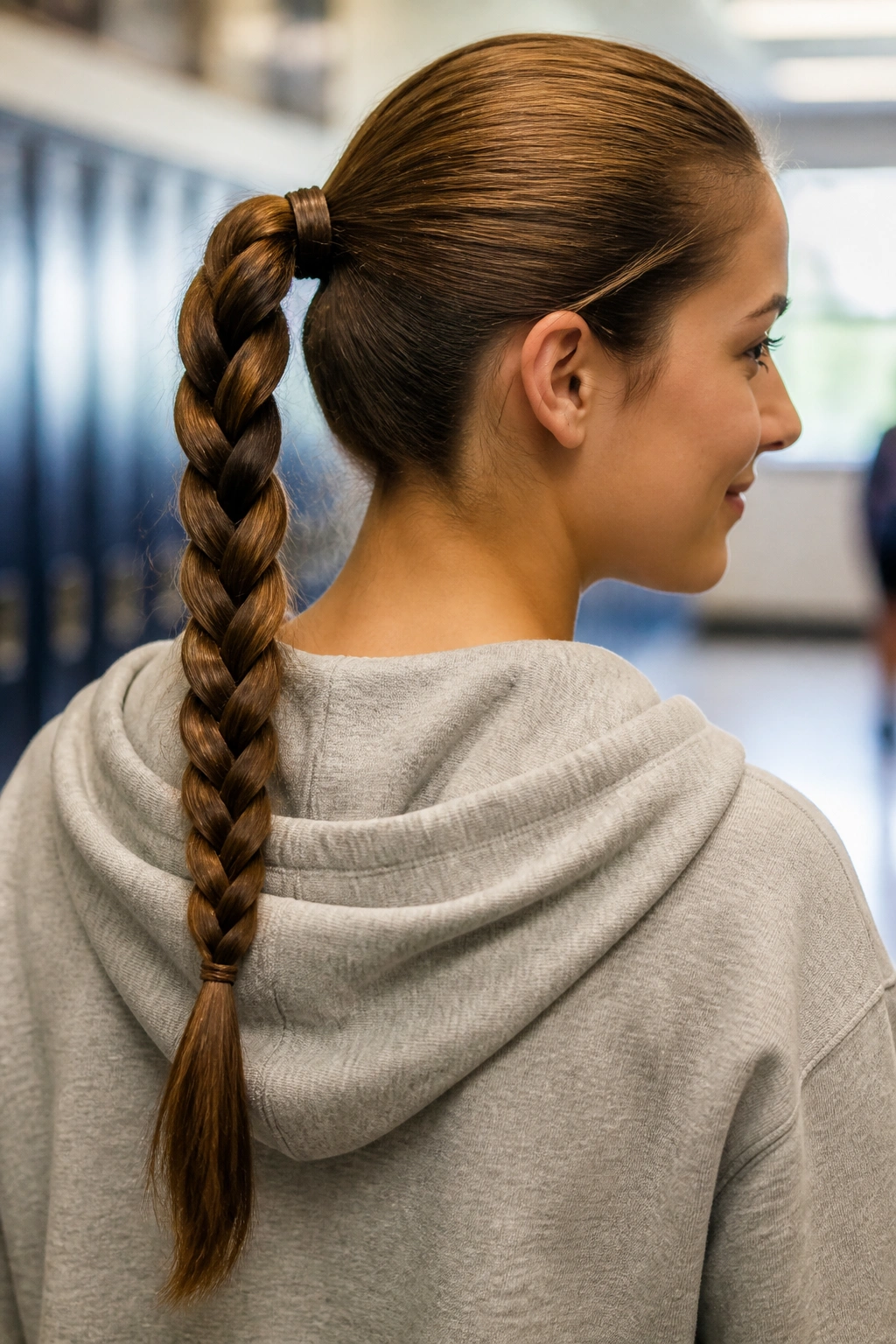 Close-up portrait of a real person with a braided ponytail.