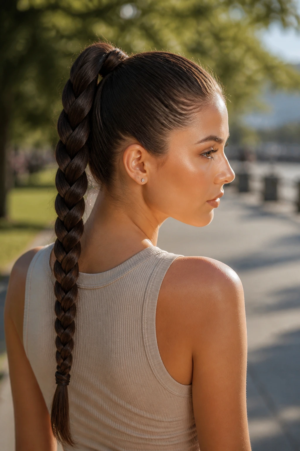 Real woman with a braided ponytail hairstyle in natural daylight