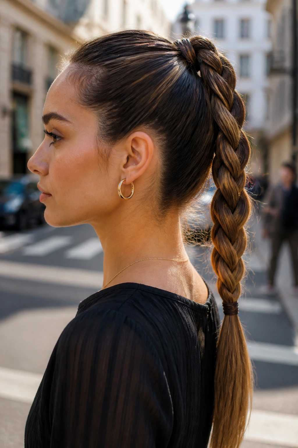 Close-up of a real woman with a braided ponytail