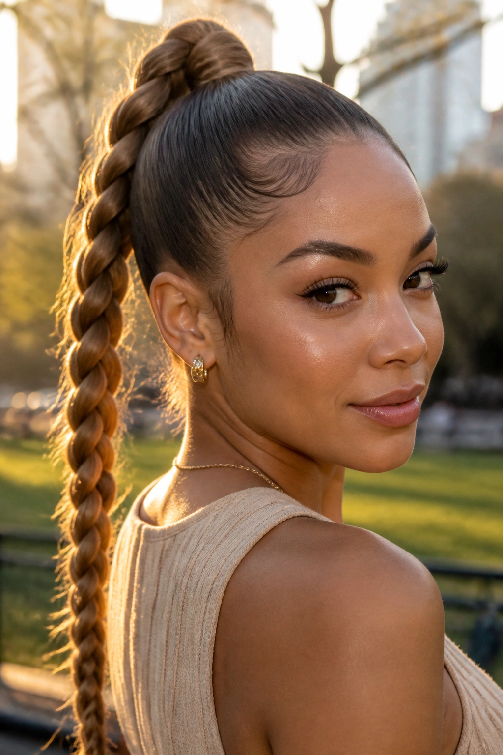 Braided ponytail held high on a real woman