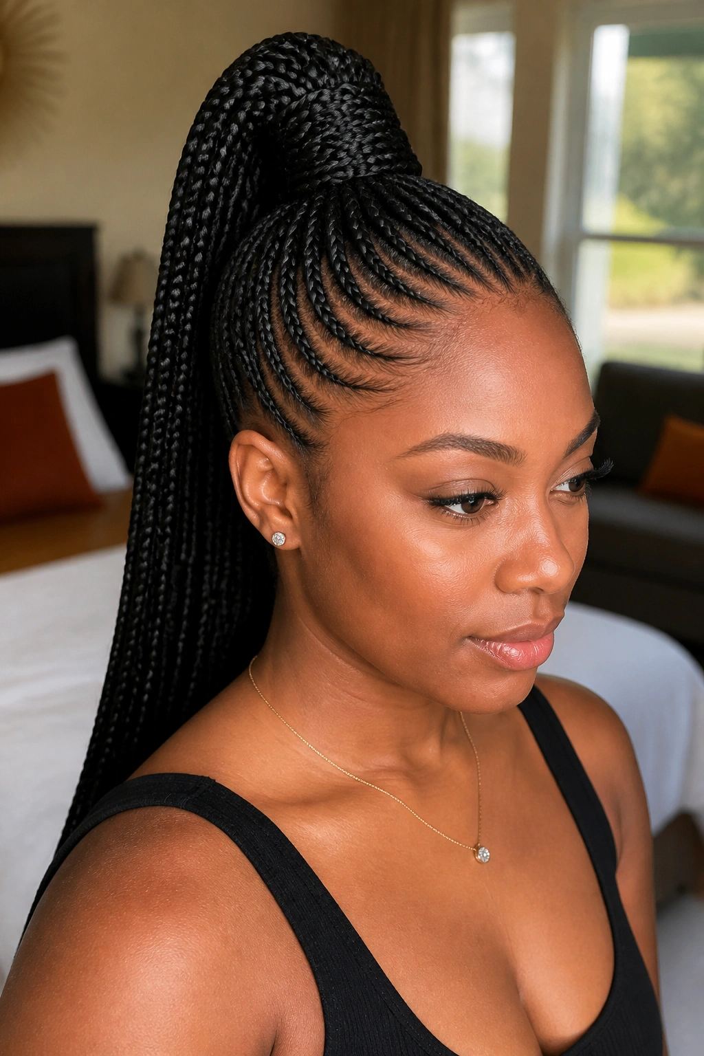 Close-up of a real Black woman with a high braided ponytail and wrap at the base
