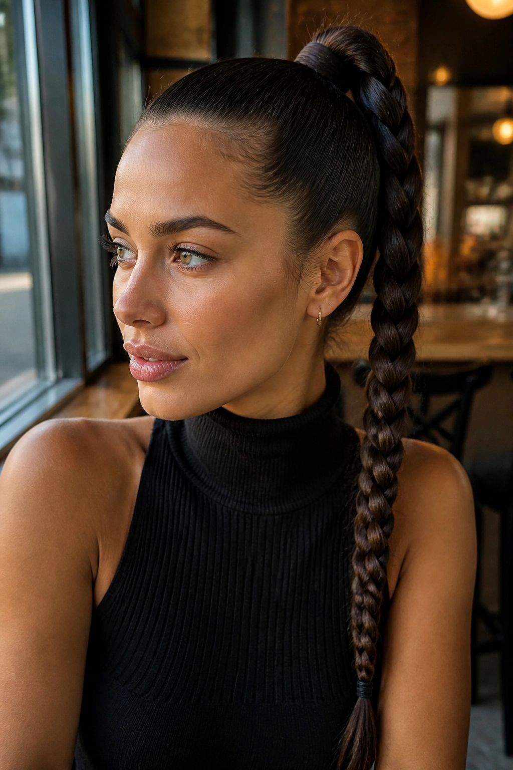 Braided-length high ponytail with a long braid from the crown on a real person.