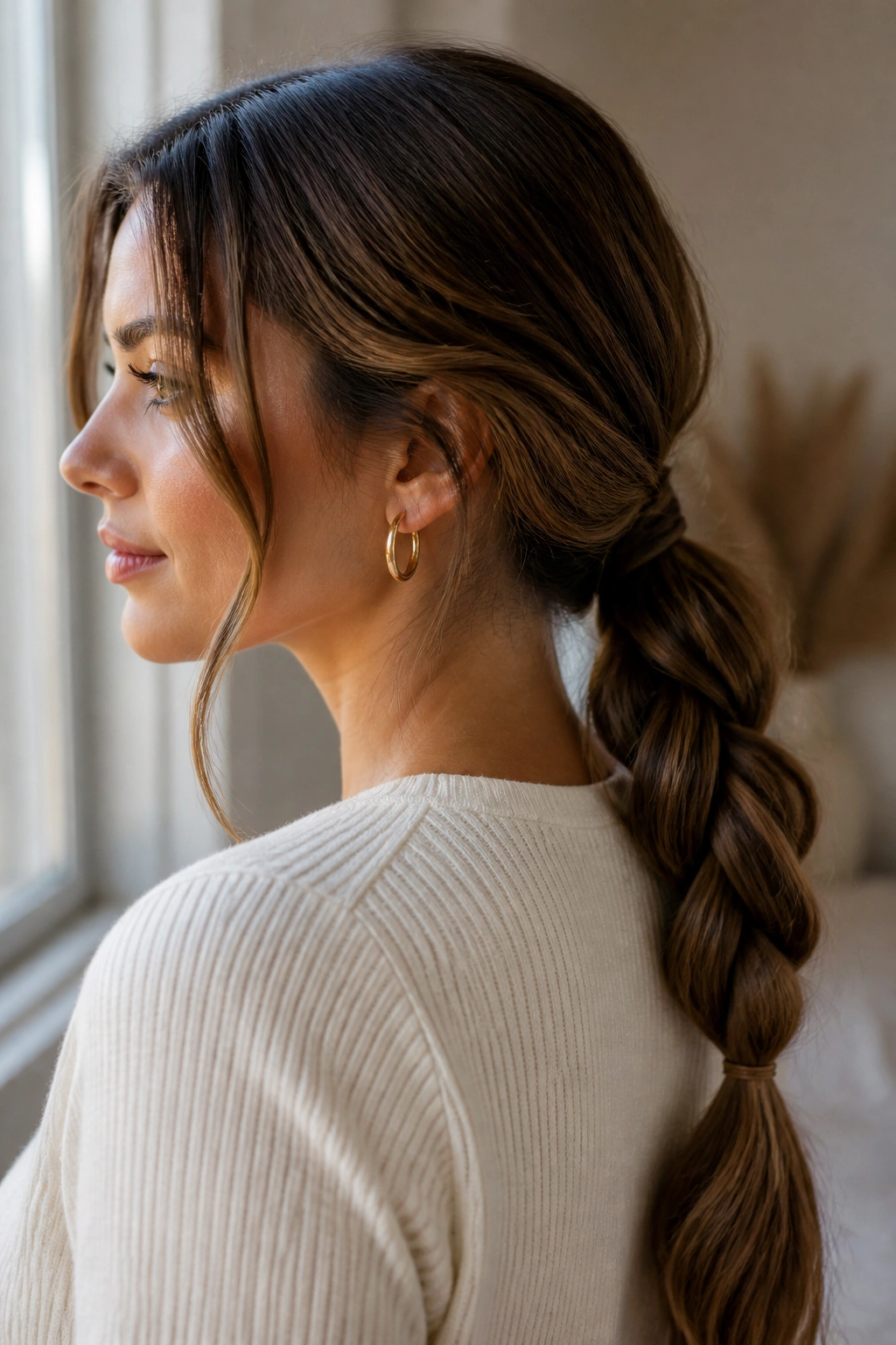 Close-up of a real woman with a low braided ponytail