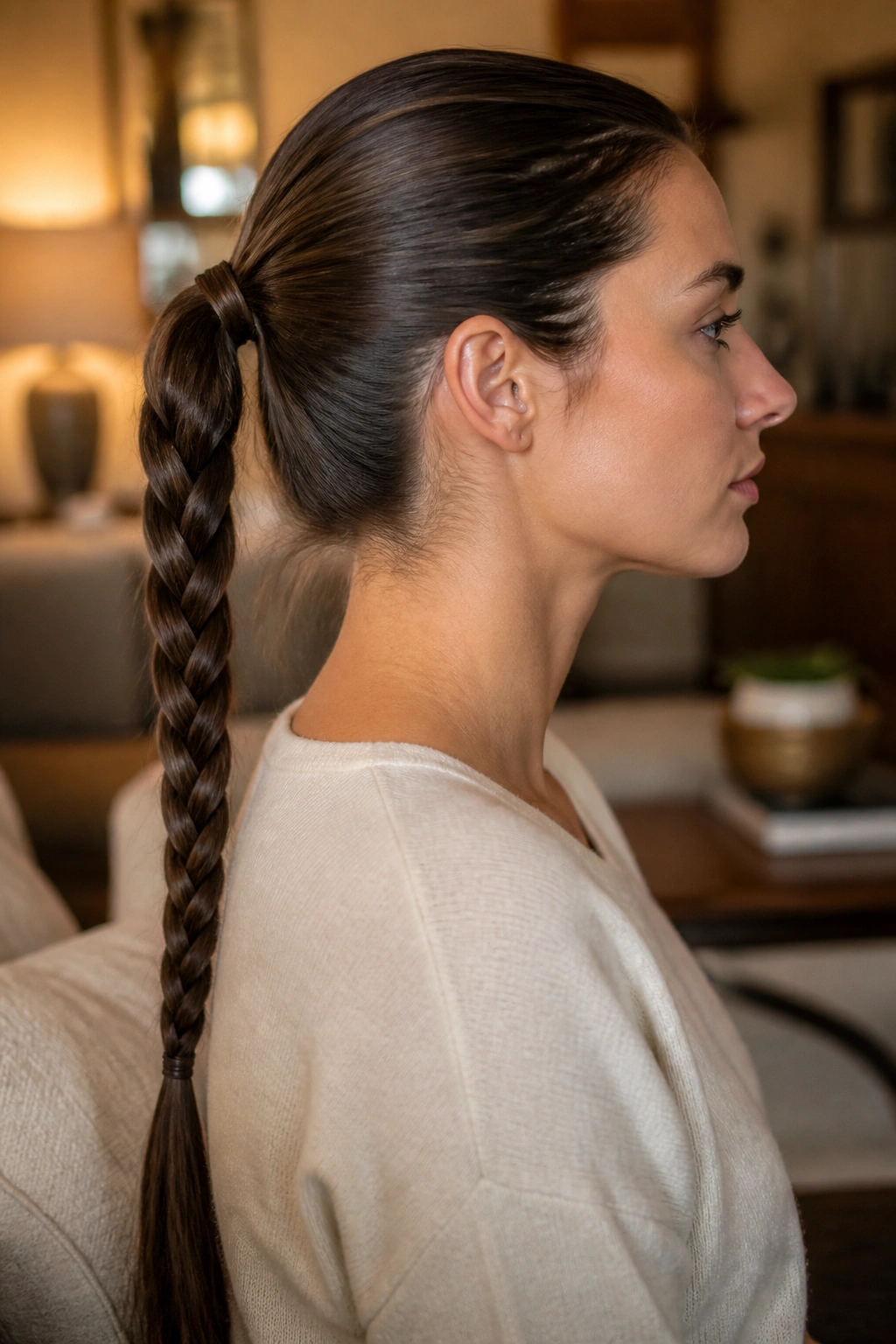 Profile view of a real woman with a clean braided ponytail