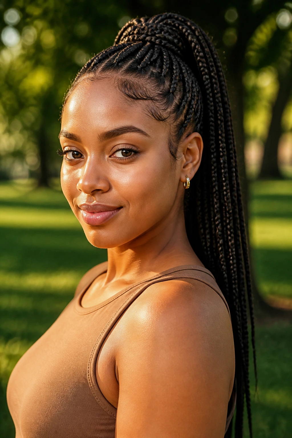 Portrait of a woman with a high braided ponytail in a park during golden hour