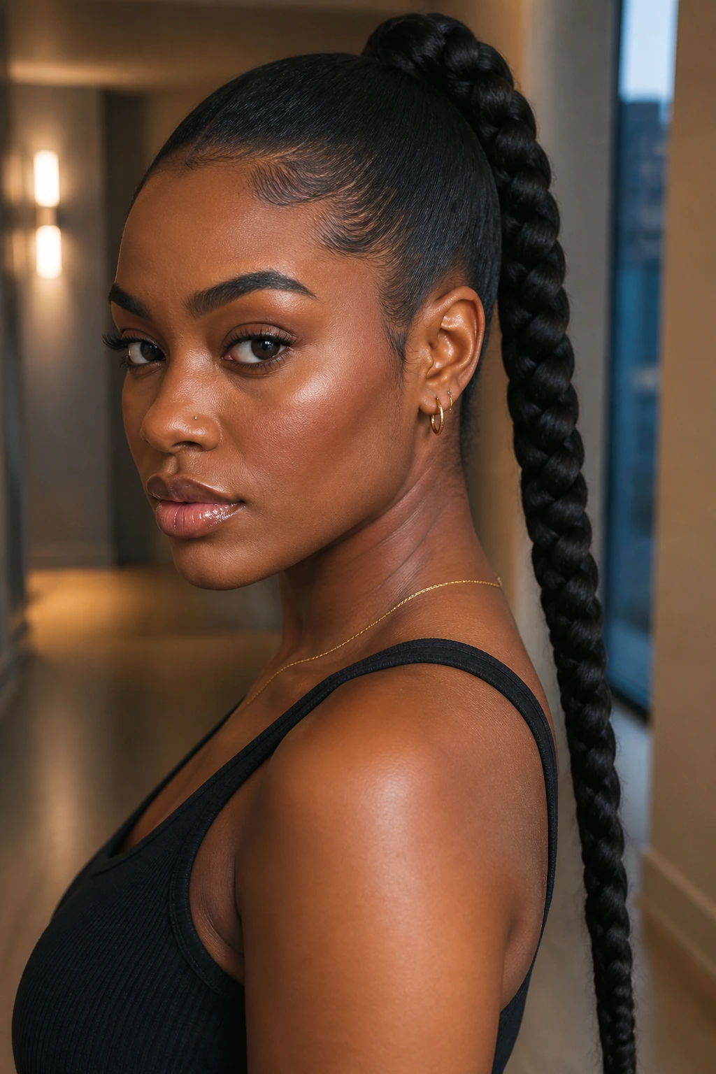 Close-up portrait of a real woman with a braided ponytail