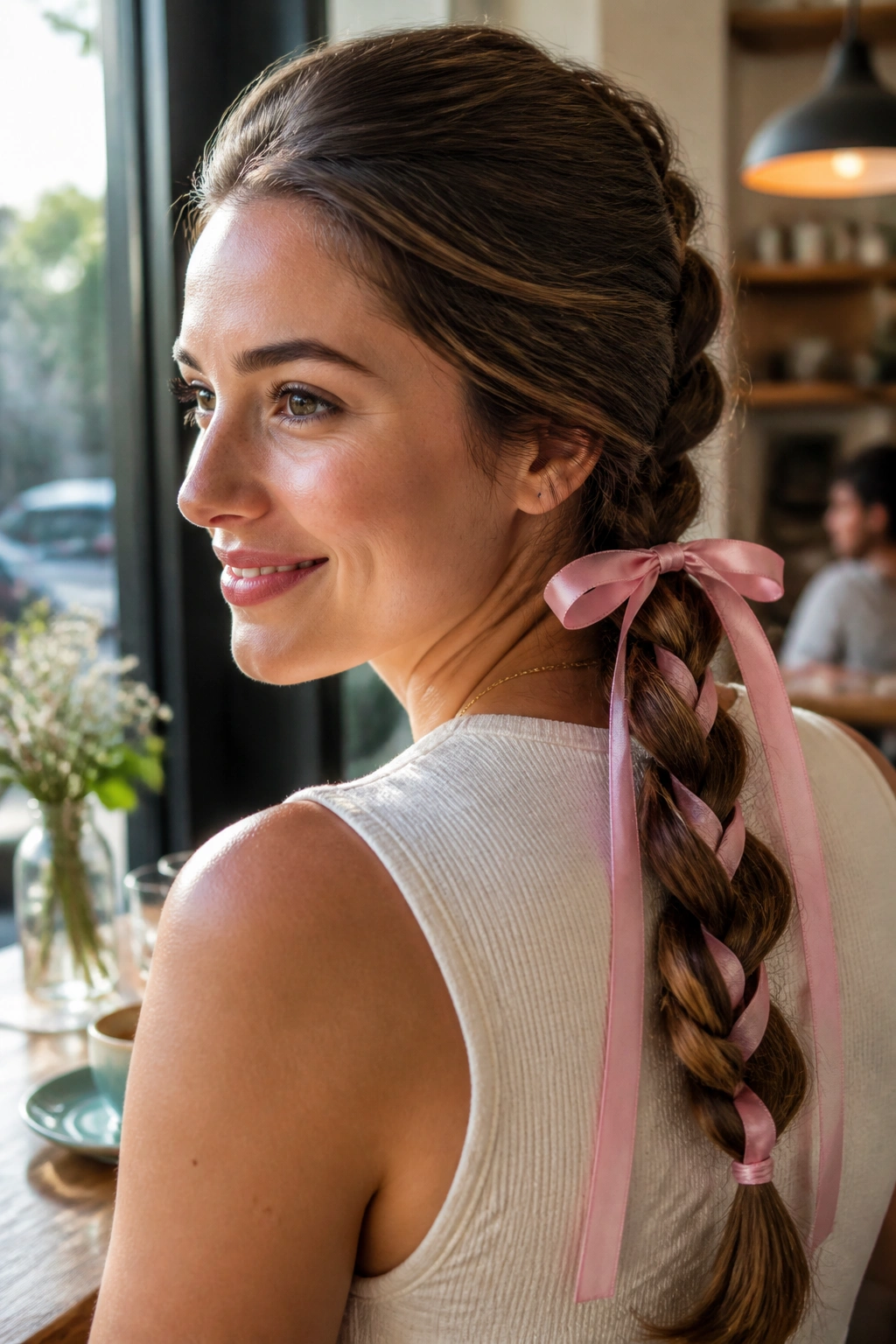Close-up of braided ponytail with ribbon on real woman in cafe light