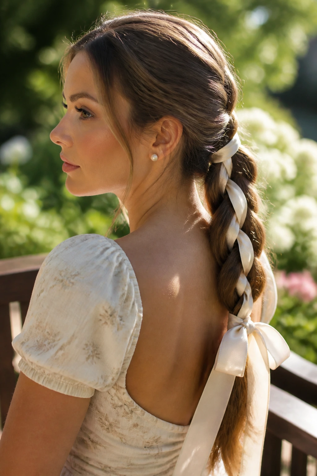 Close-up of a real woman with a braided ponytail and a ribbon woven through.