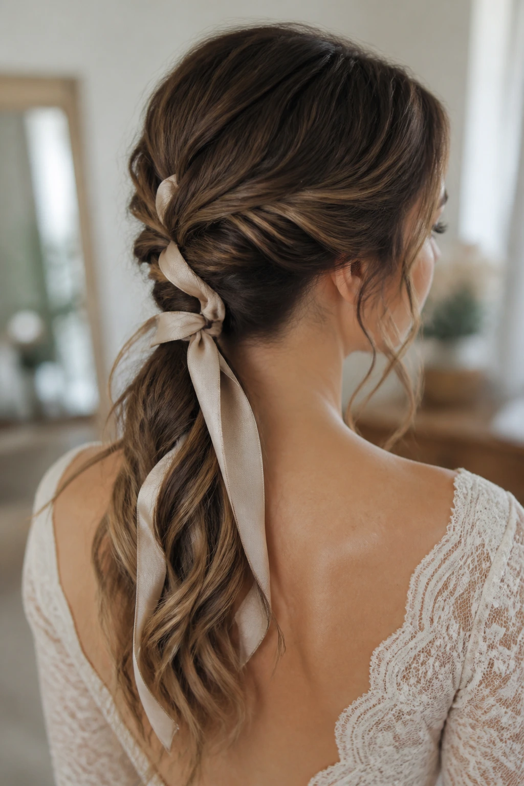 Close-up of a bride with Braided Low Ponytail with Ribbon hairstyle featuring a nape-tied ponytail and silk ribbon