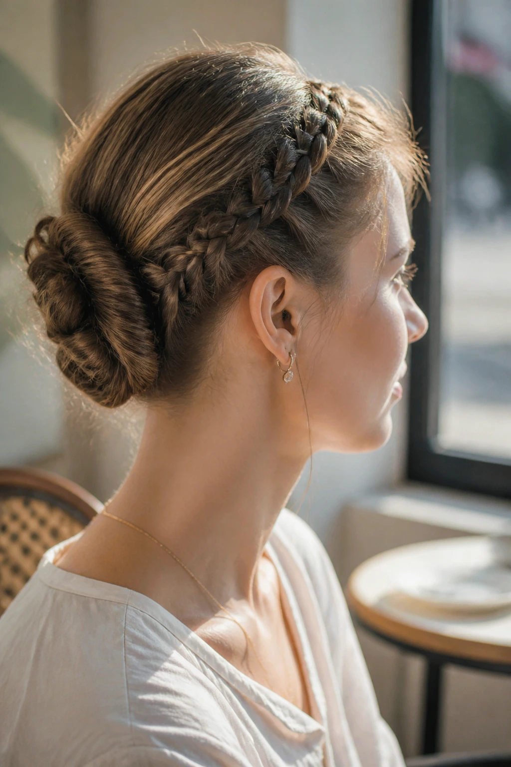 Close-up of real woman with braided ponytail rolled into a compact roll.