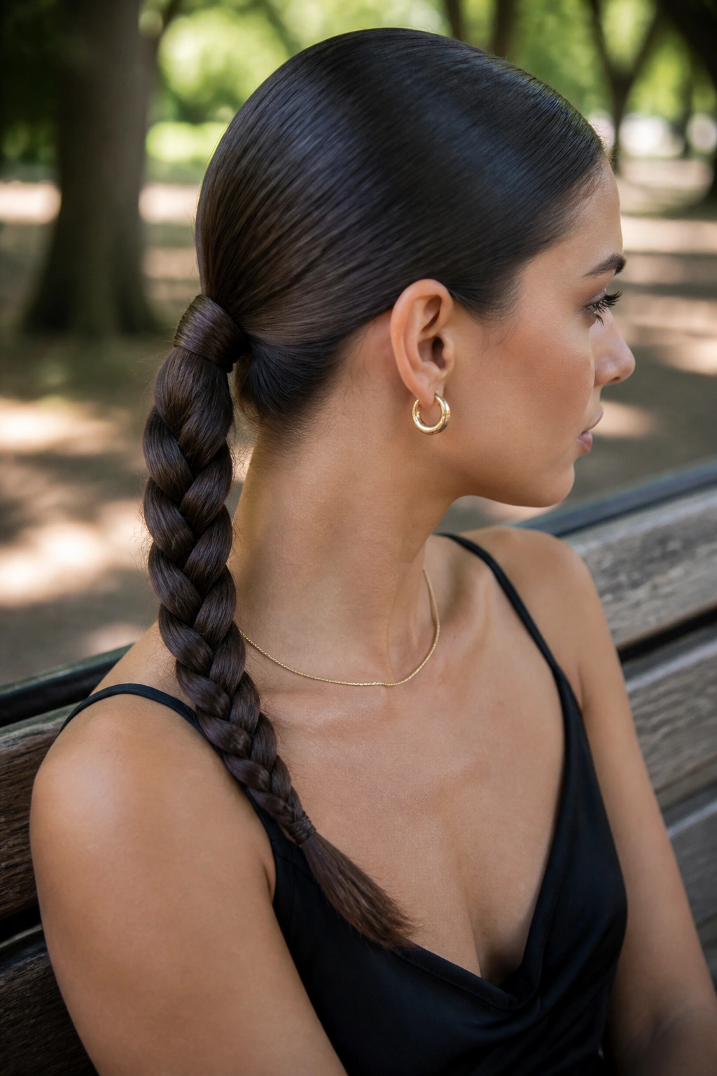 Real woman with braided low ponytail in park light