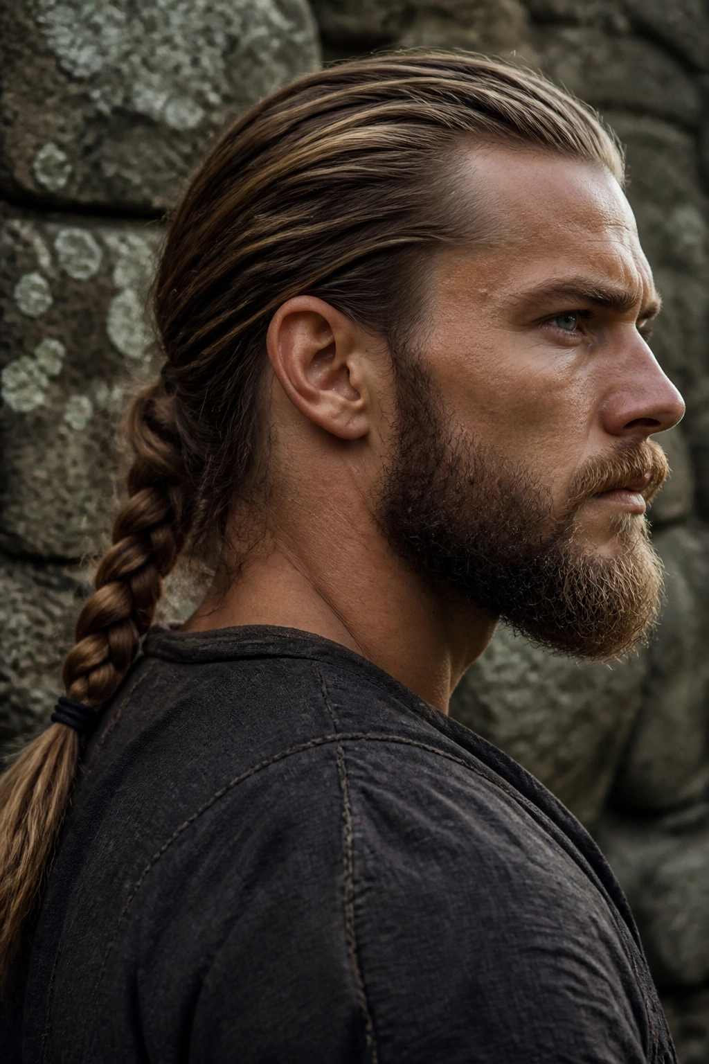 Portrait of a man with a low braided ponytail