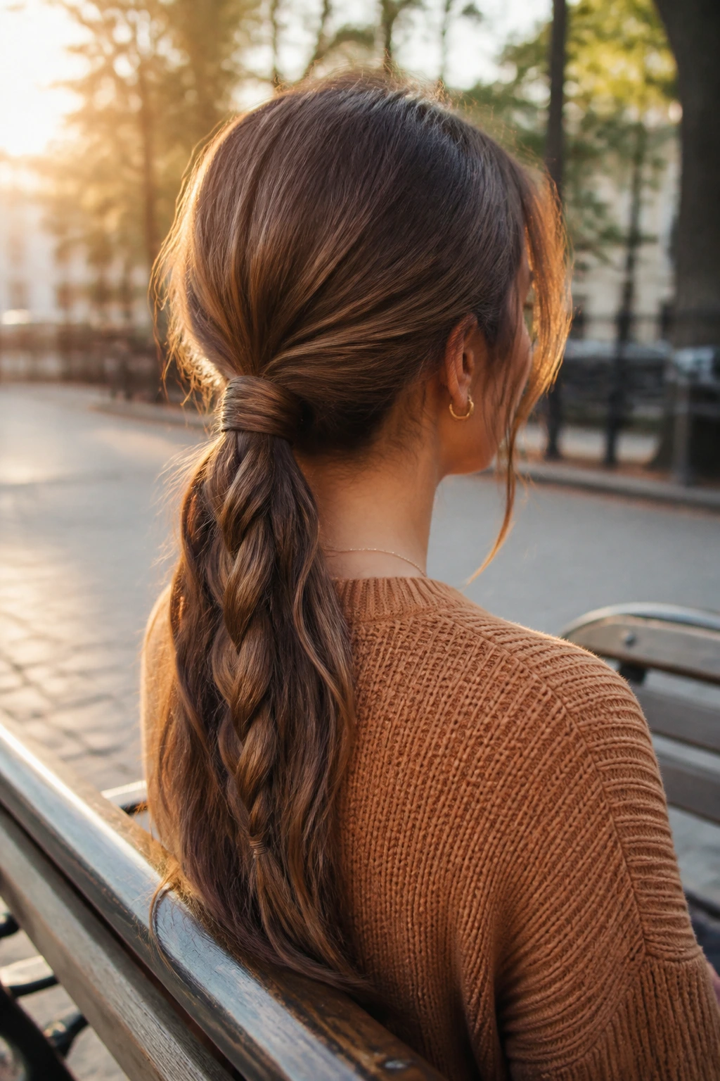 Back-of-head view of a woman with a wrapped elastic braided ponytail