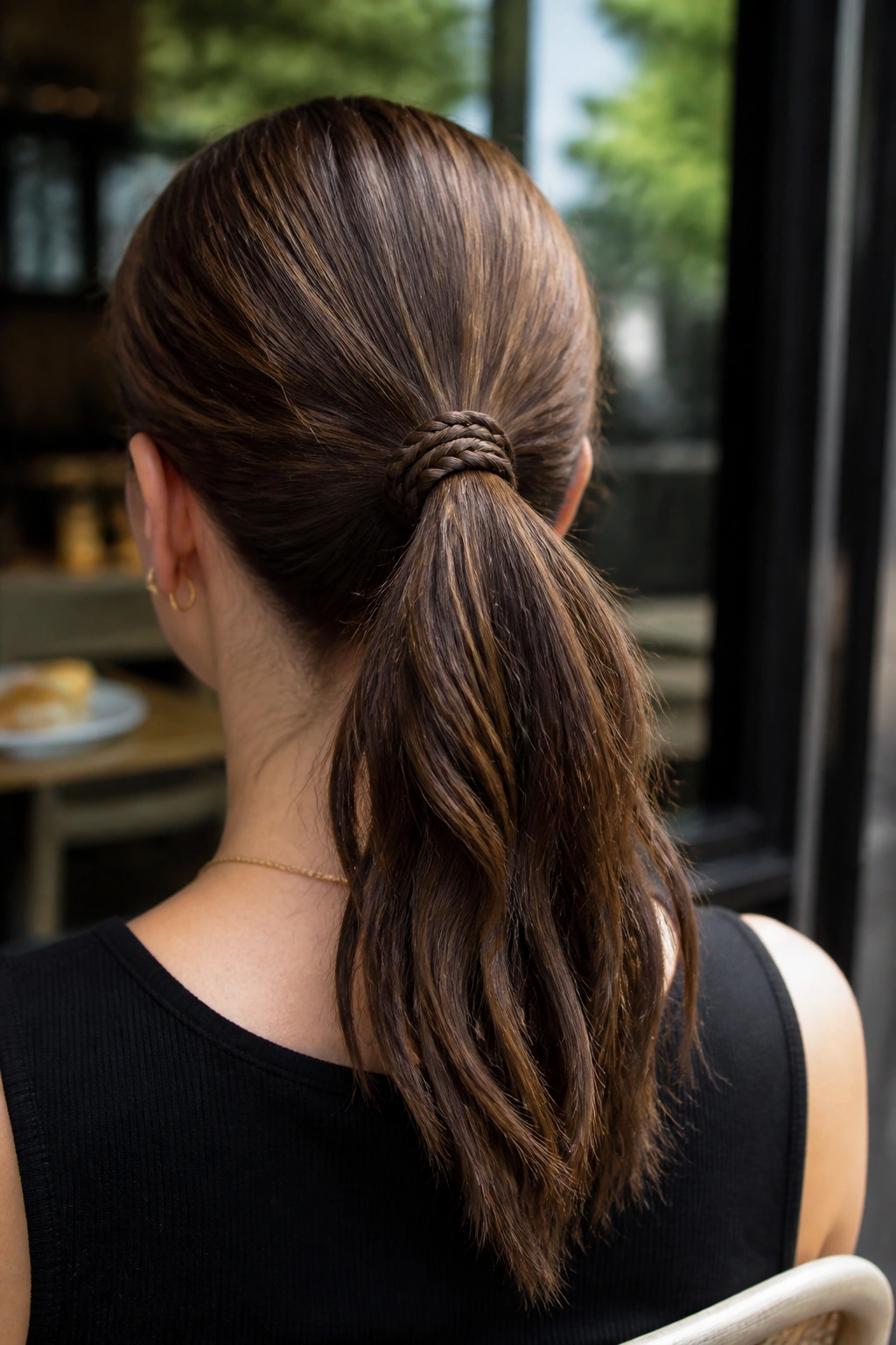 Back-of-head view of a real person with a braided ponytail wrap around the elastic.