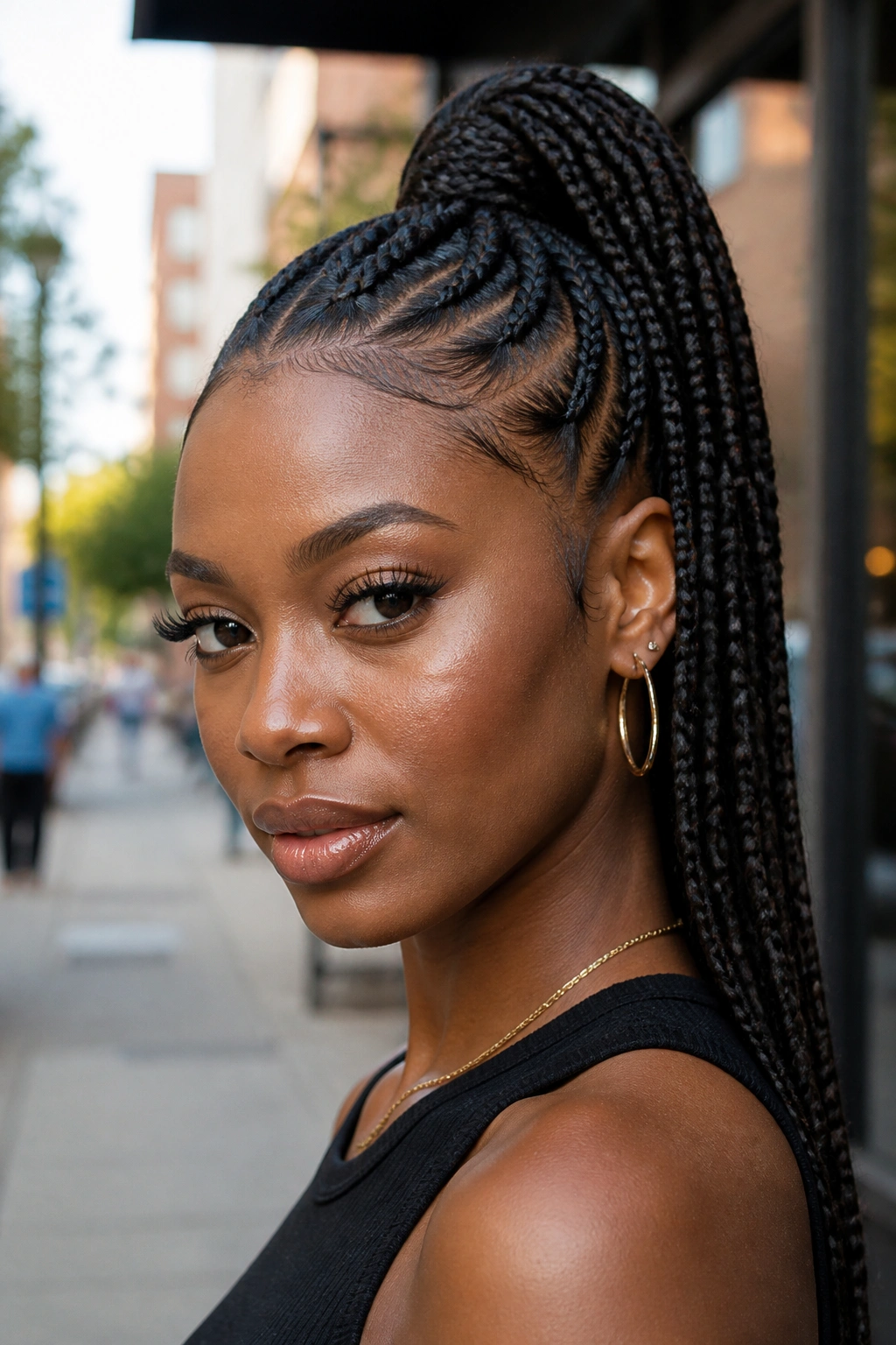 Real woman with a high braided ponytail keeping hair off her face