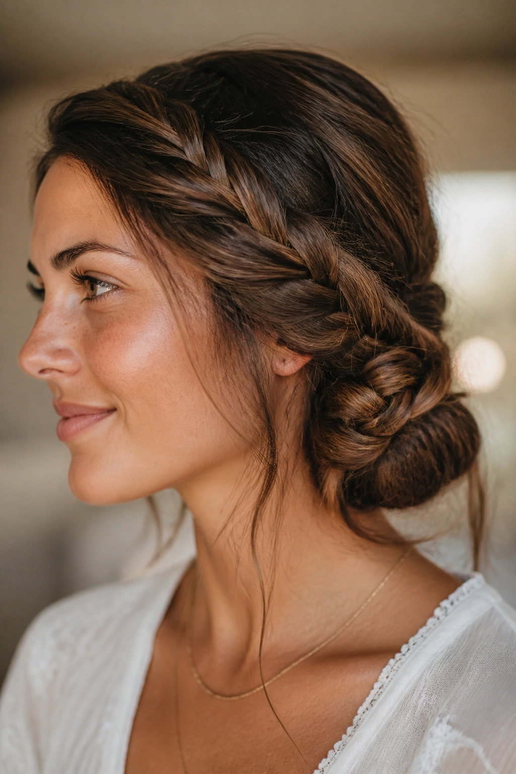 Close-up of a real woman with a braided side bun that stays put.