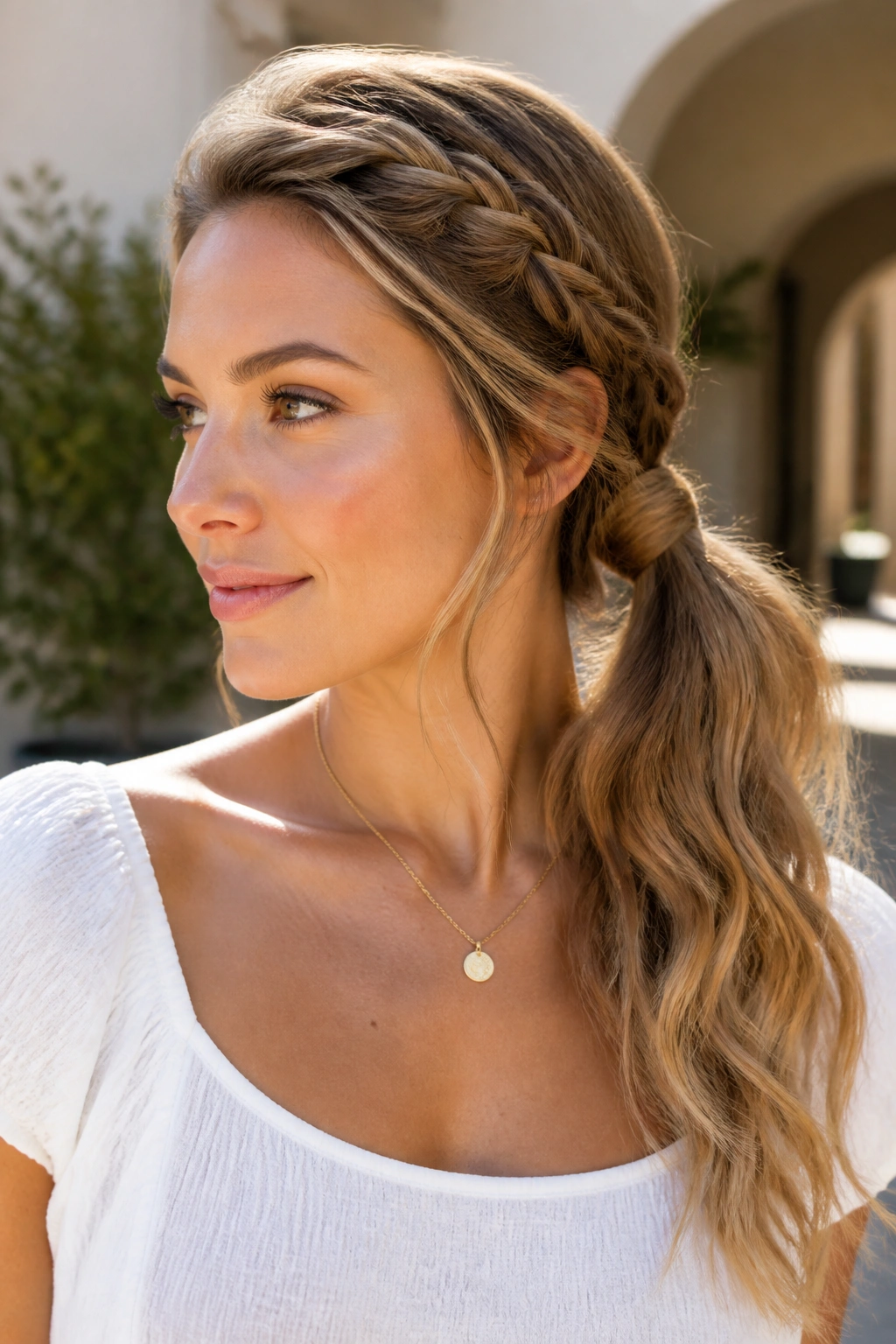 Close-up of a real woman with a braided side ponytail