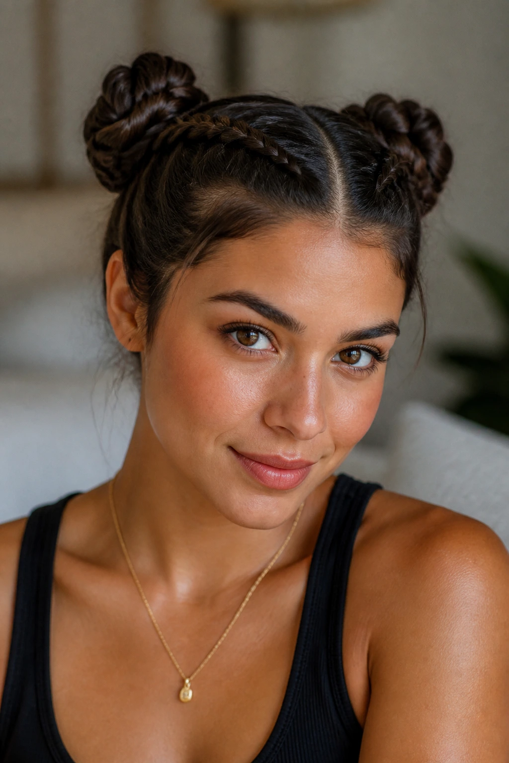 Real woman with braided space buns above the ears