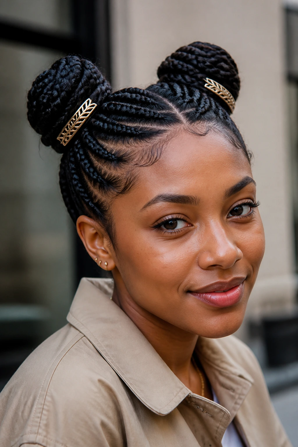 Close-up of a real woman with braided space buns and matching clips