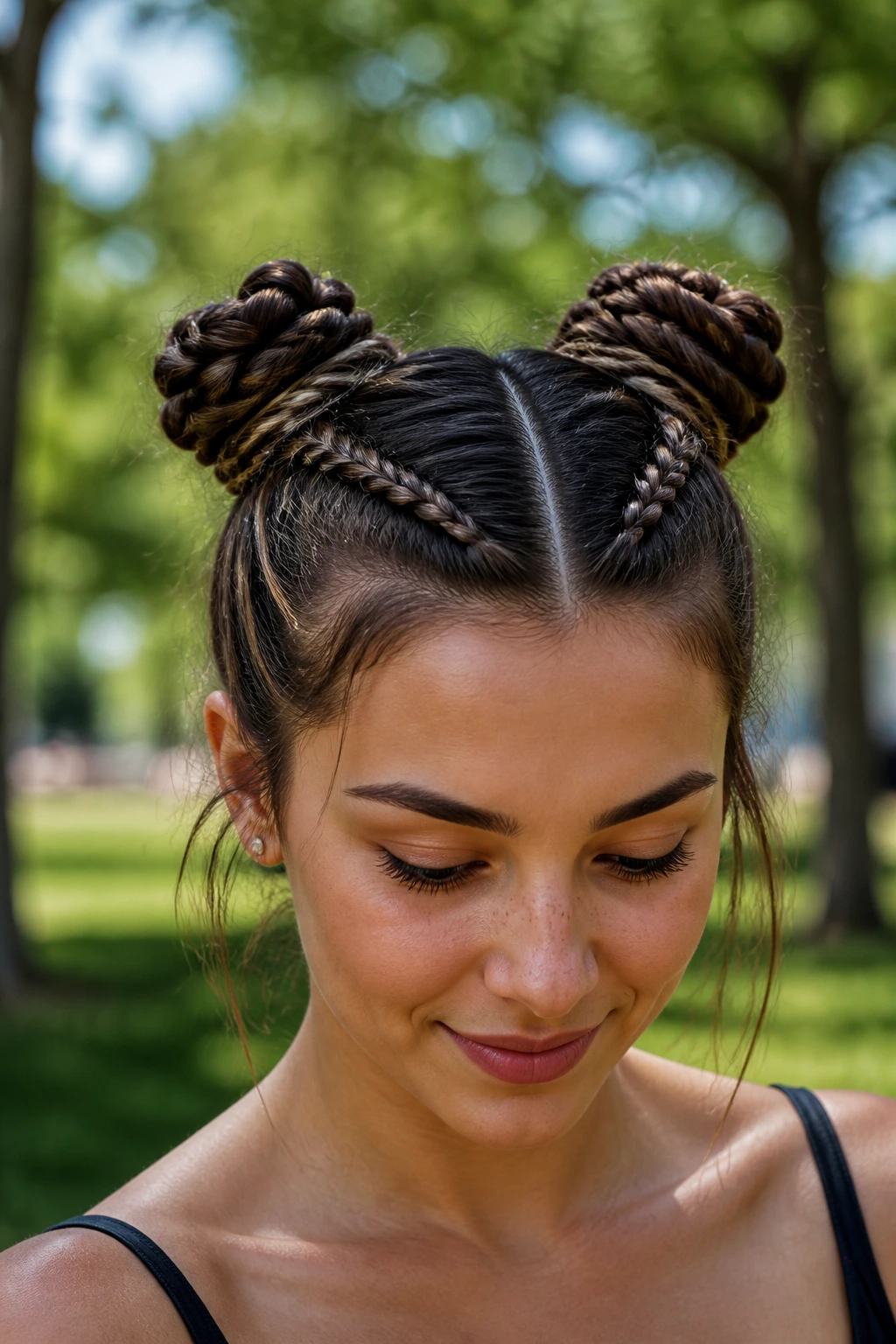 Close-up of a real woman with braided space buns