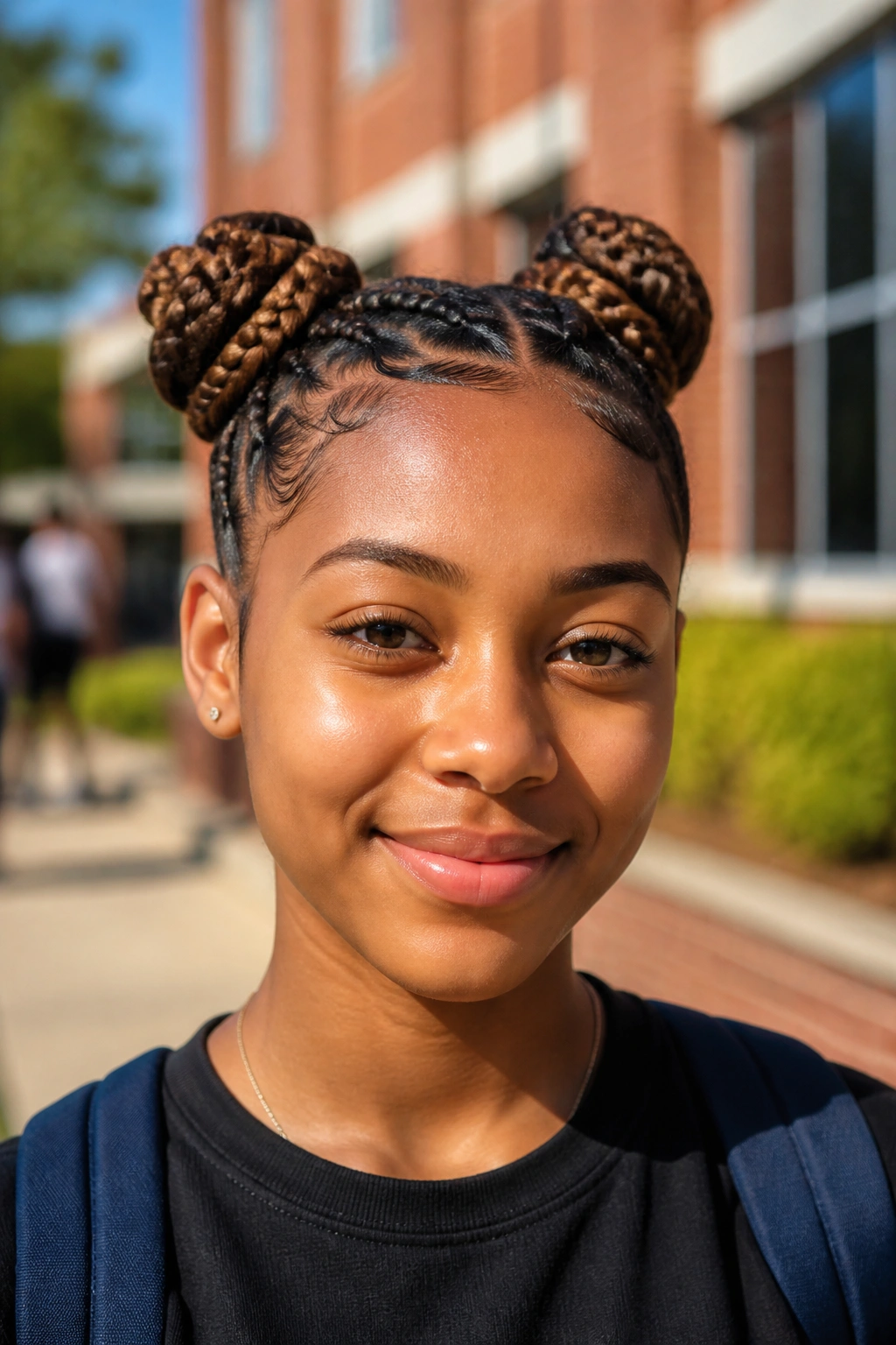 Real student with braided space buns in a school courtyard