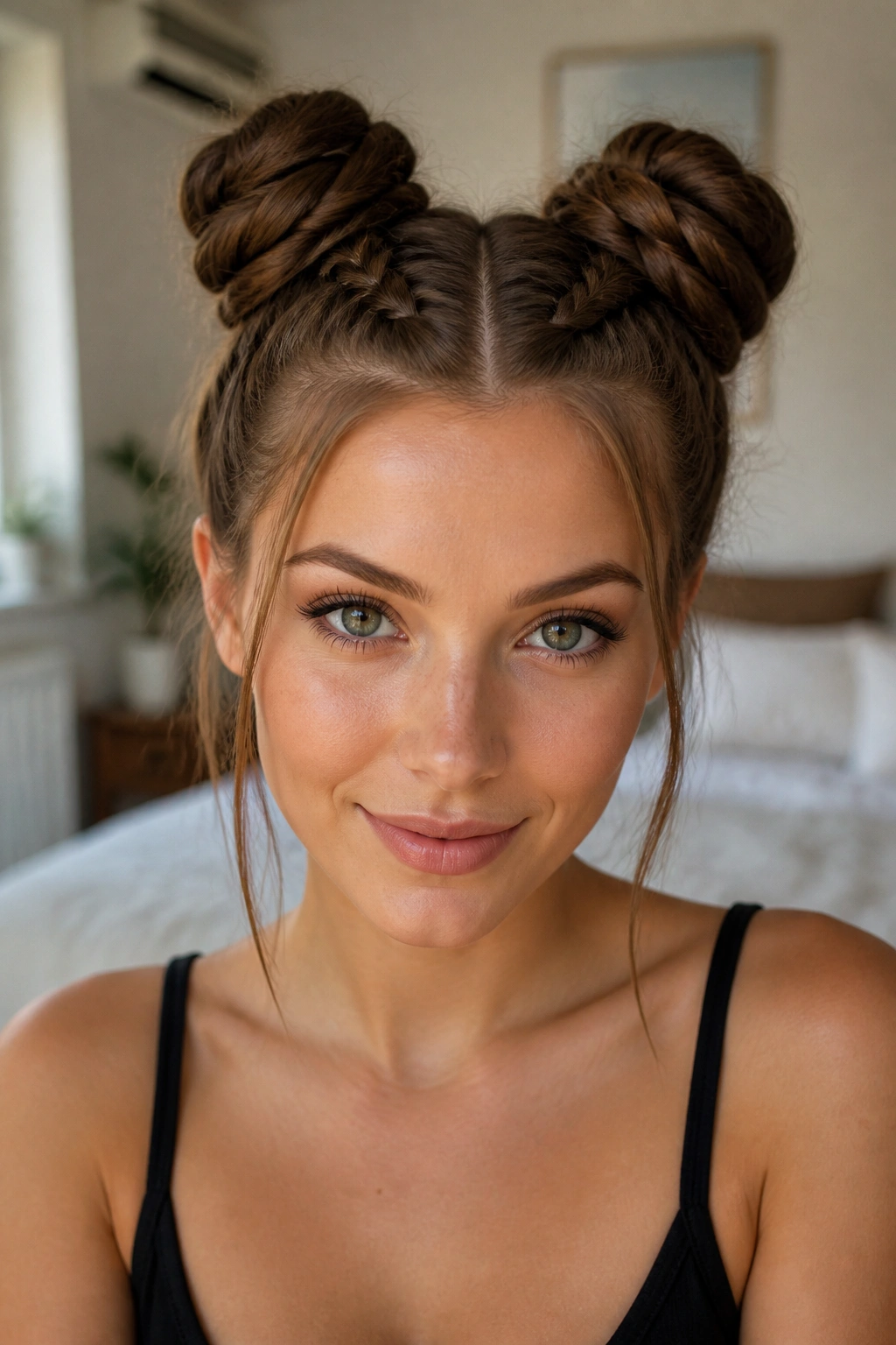 Close-up of a real woman with two braided space buns and center part in soft bedroom light