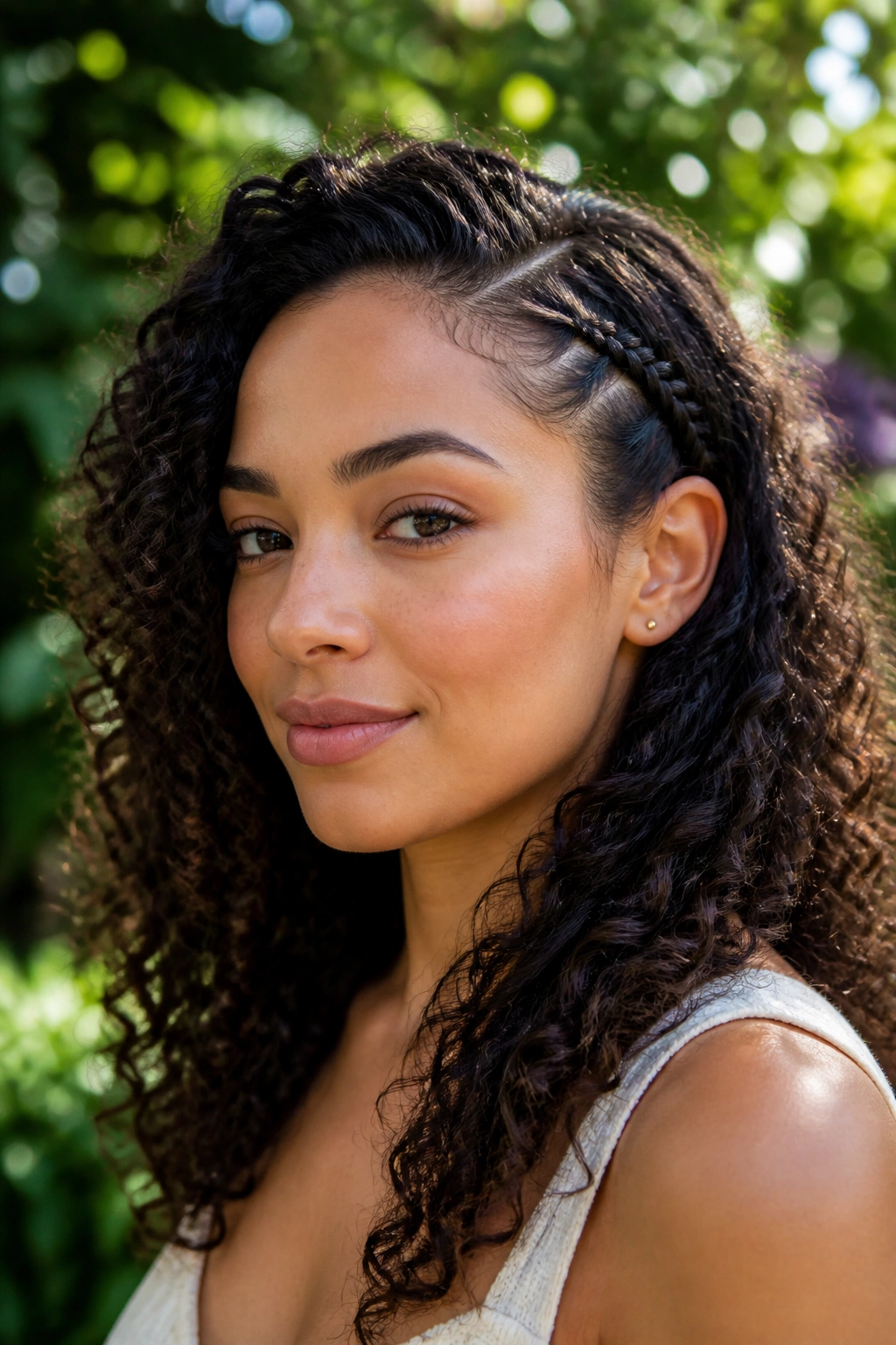 Real woman with a temple braid and loose curls outdoors
