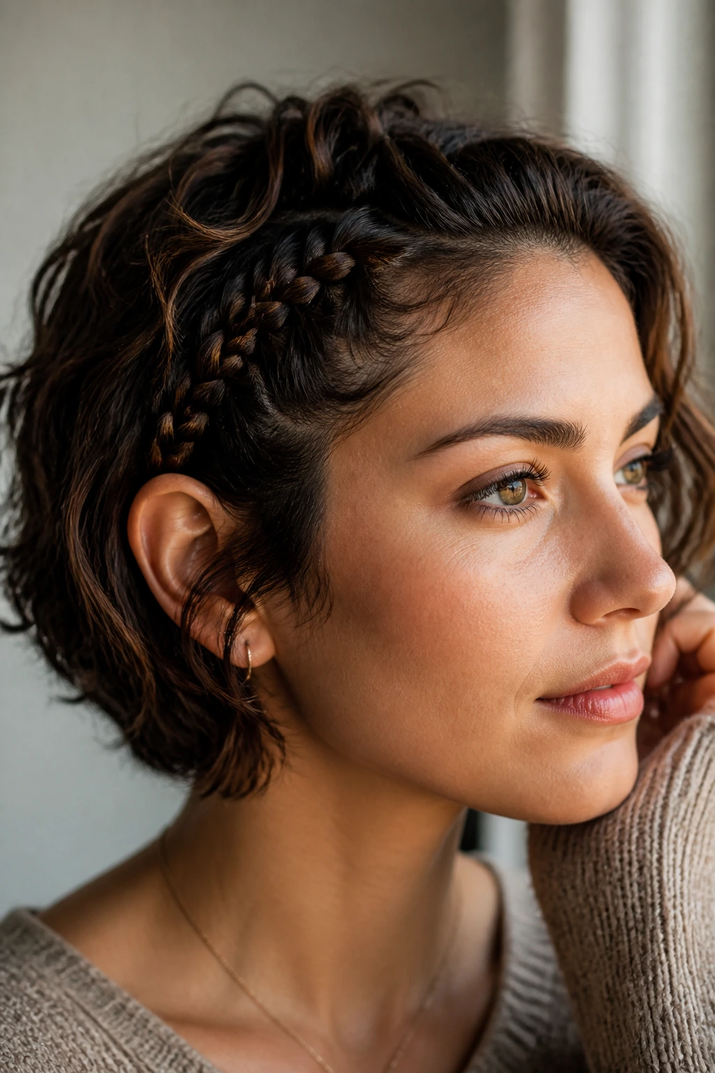 Real woman with a small braid at the temple blending into short waves