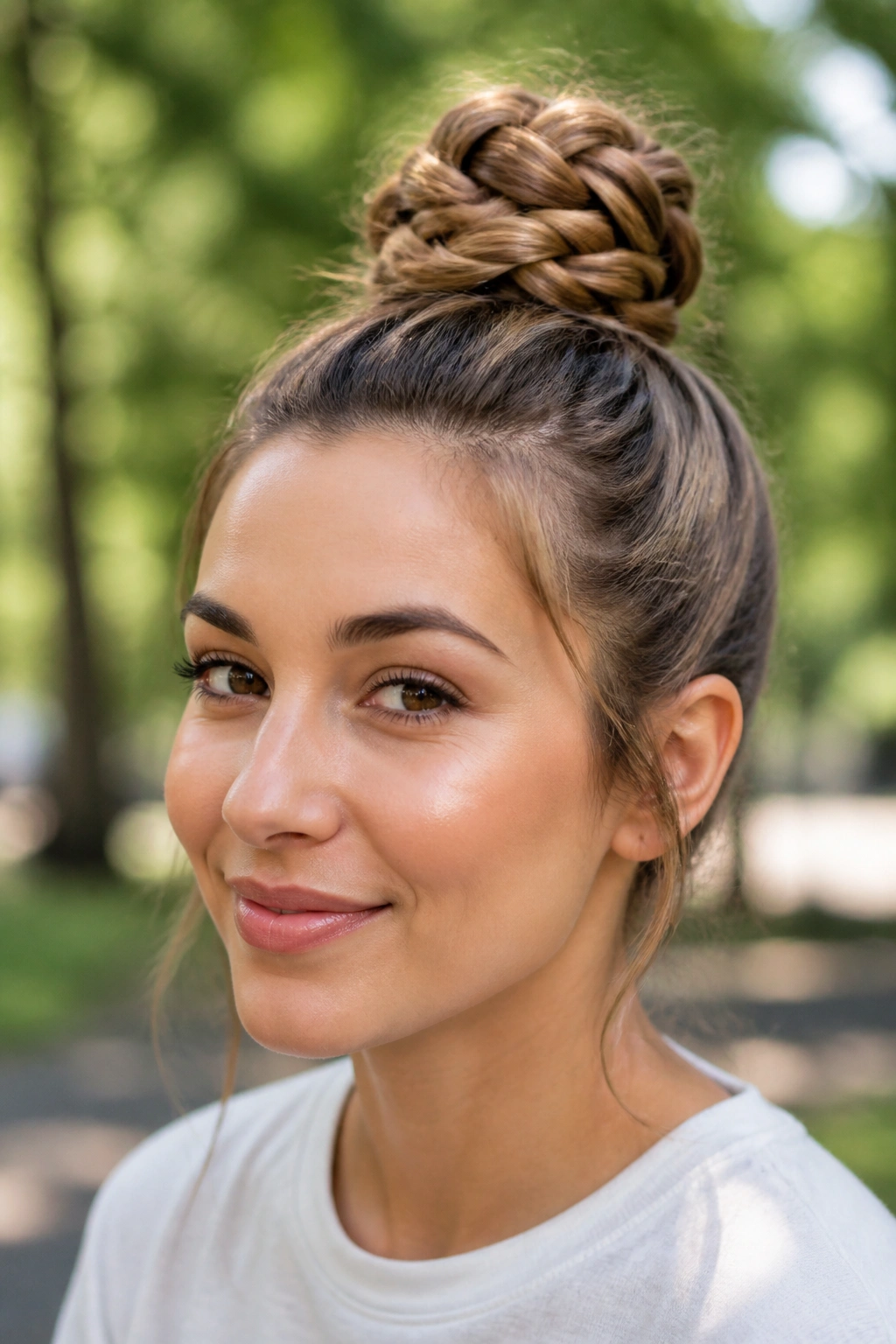 Close-up of a woman with a braided top knot high on the crown