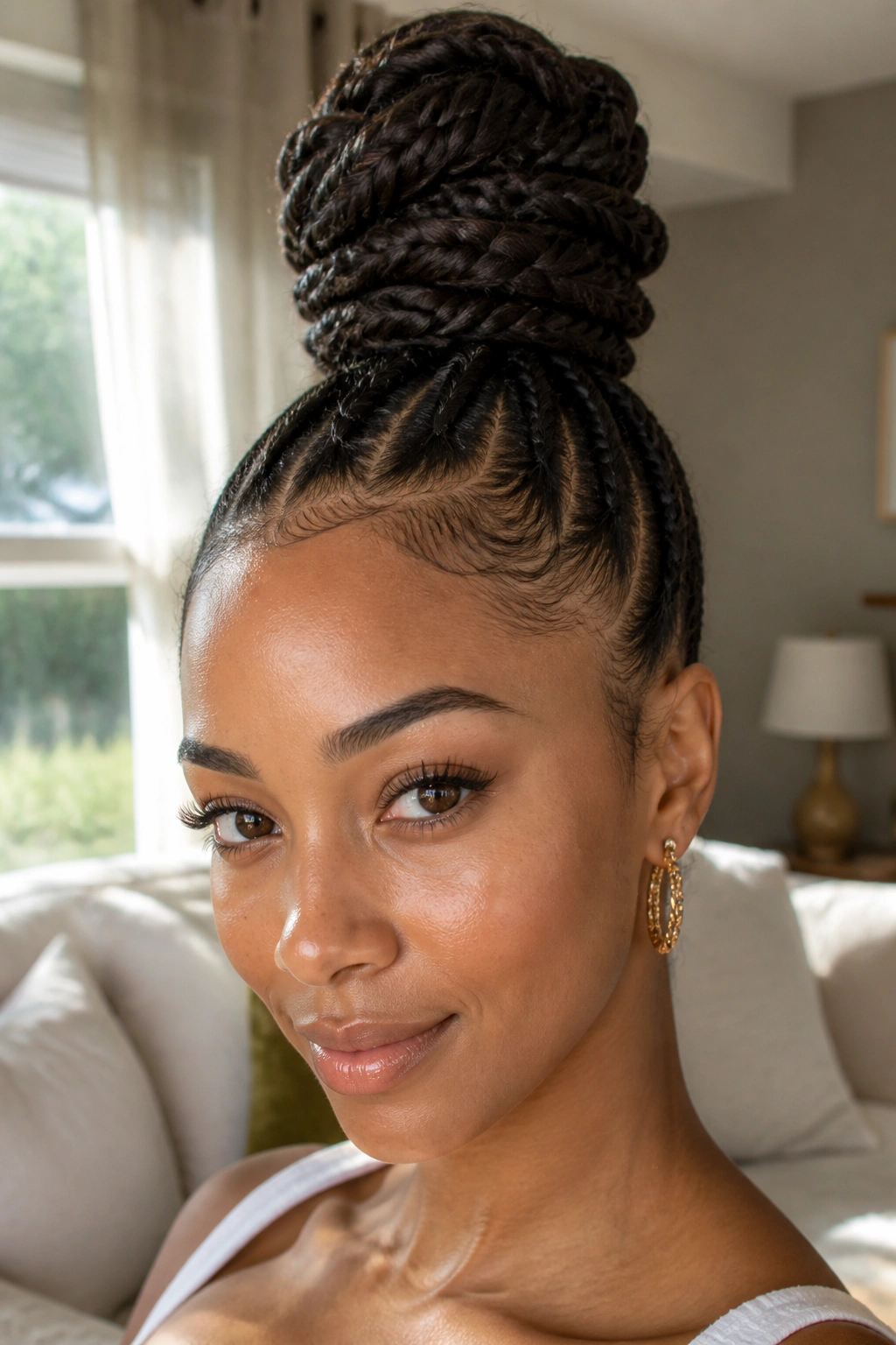 Close-up of a real woman with a braided top knot under soft window light