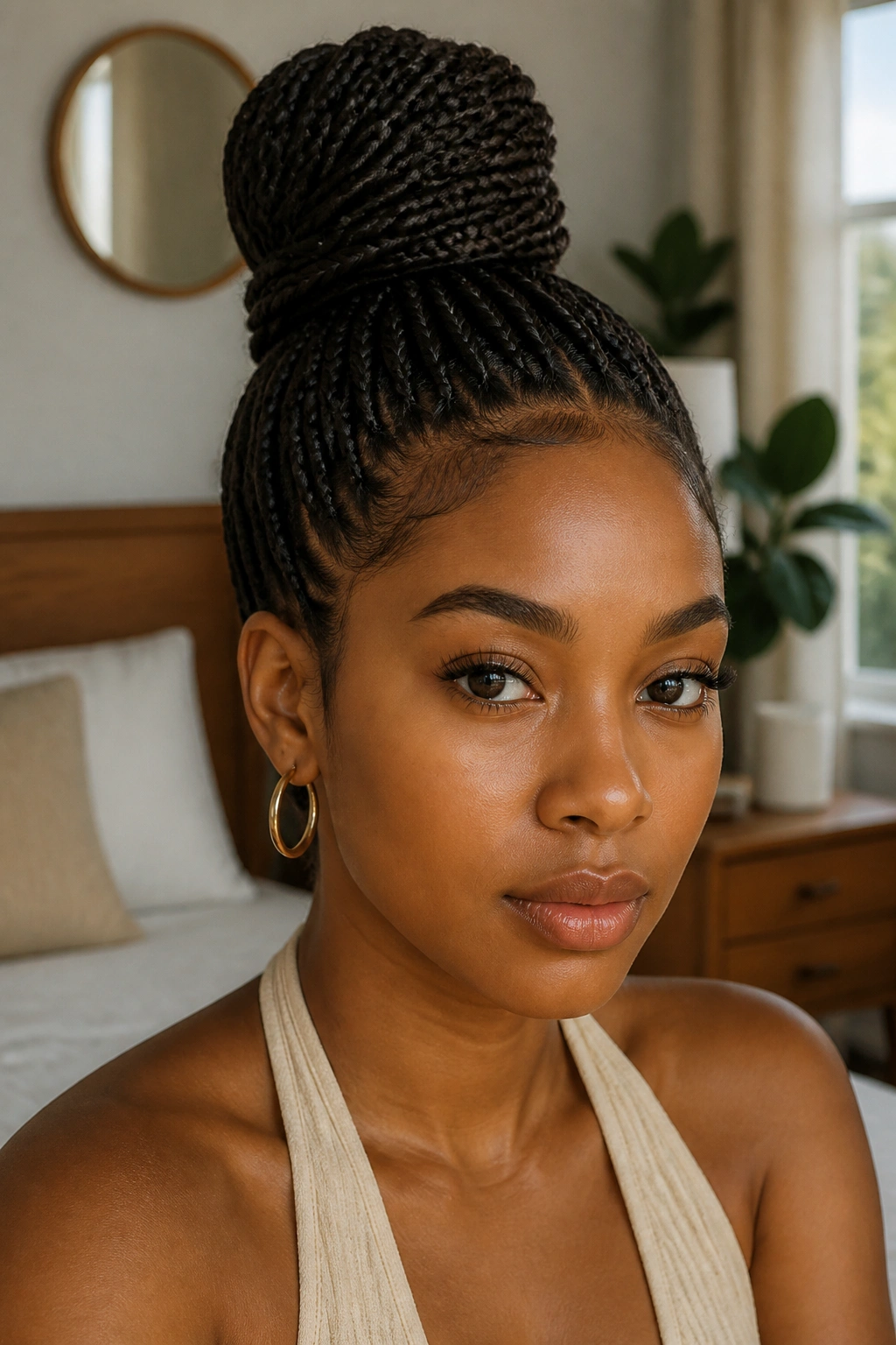Close-up of a real woman with a braided top knot at the crown