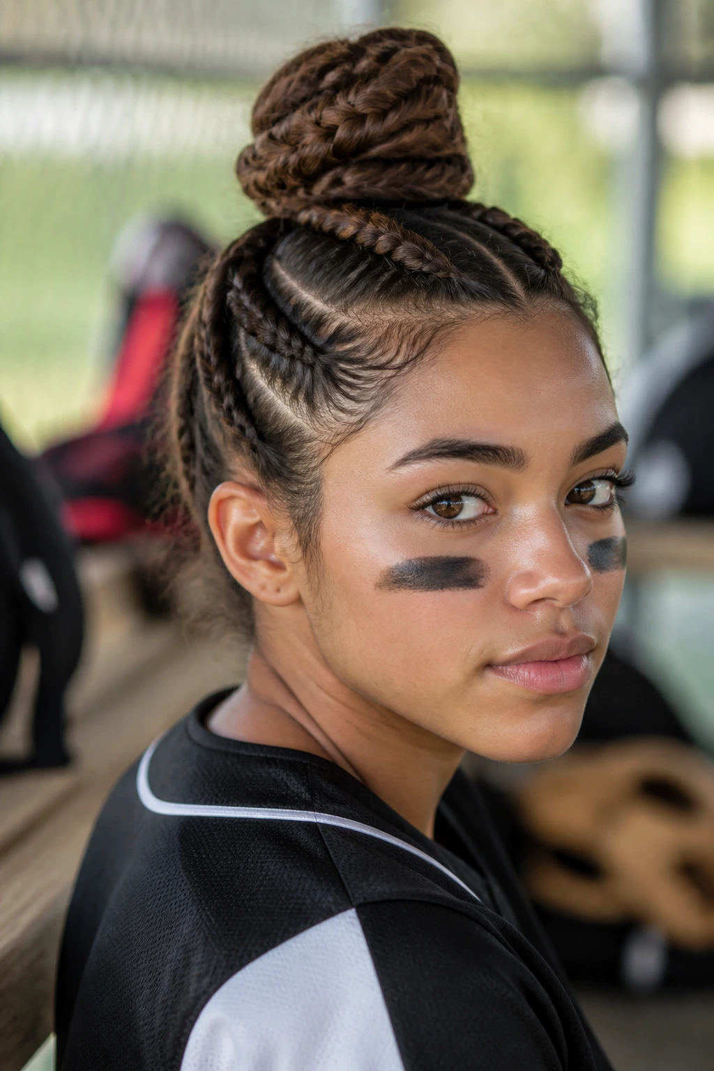 Braided top knot on a real softball player.