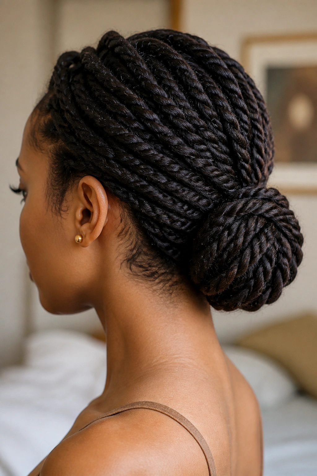 Close-up portrait of a real woman with a braided twist bun at the nape