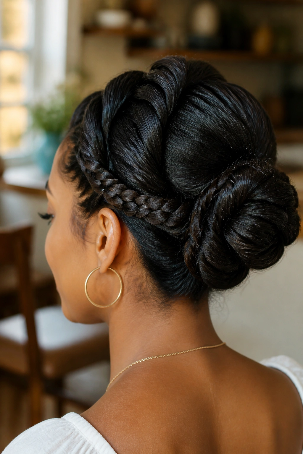 Close-up of a real woman with braided twists integrated into a twist bun at the back.
