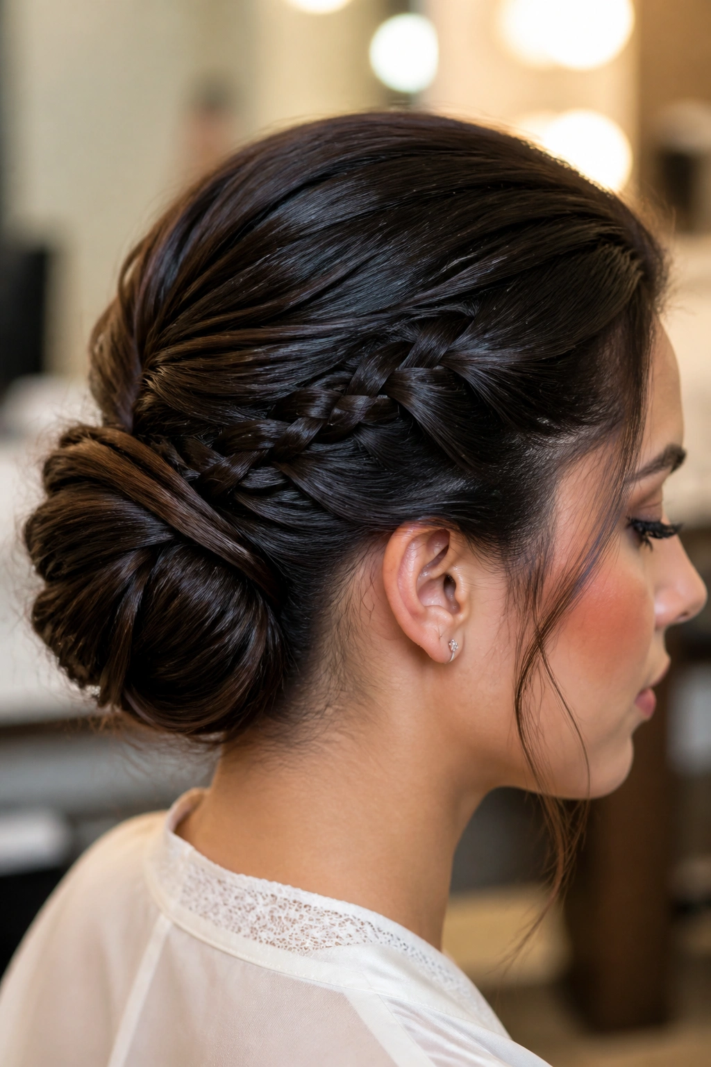 Close-up of a real woman with braided twist bun hairstyle