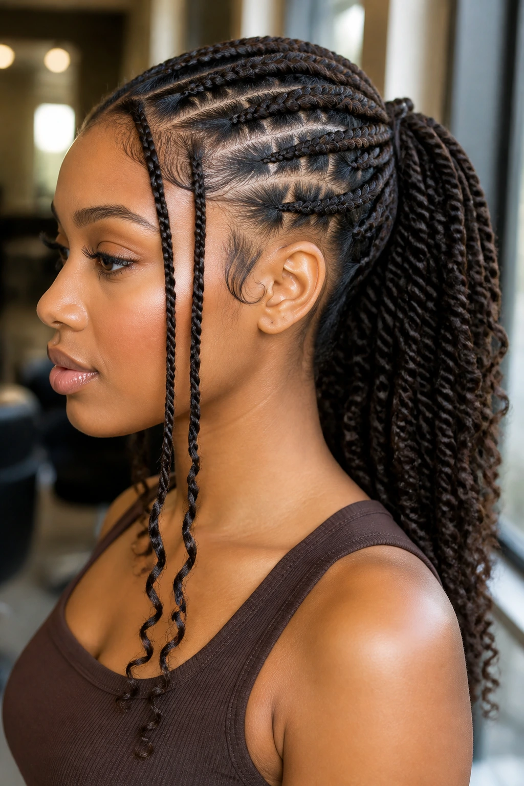 Close-up of a real person wearing a braided-twist ponytail hybrid