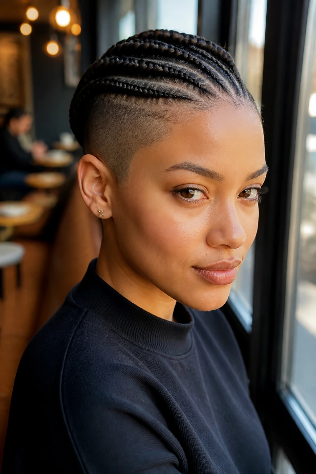 Portrait of a person with braided undercut showing a crown of braids and shaved sides.