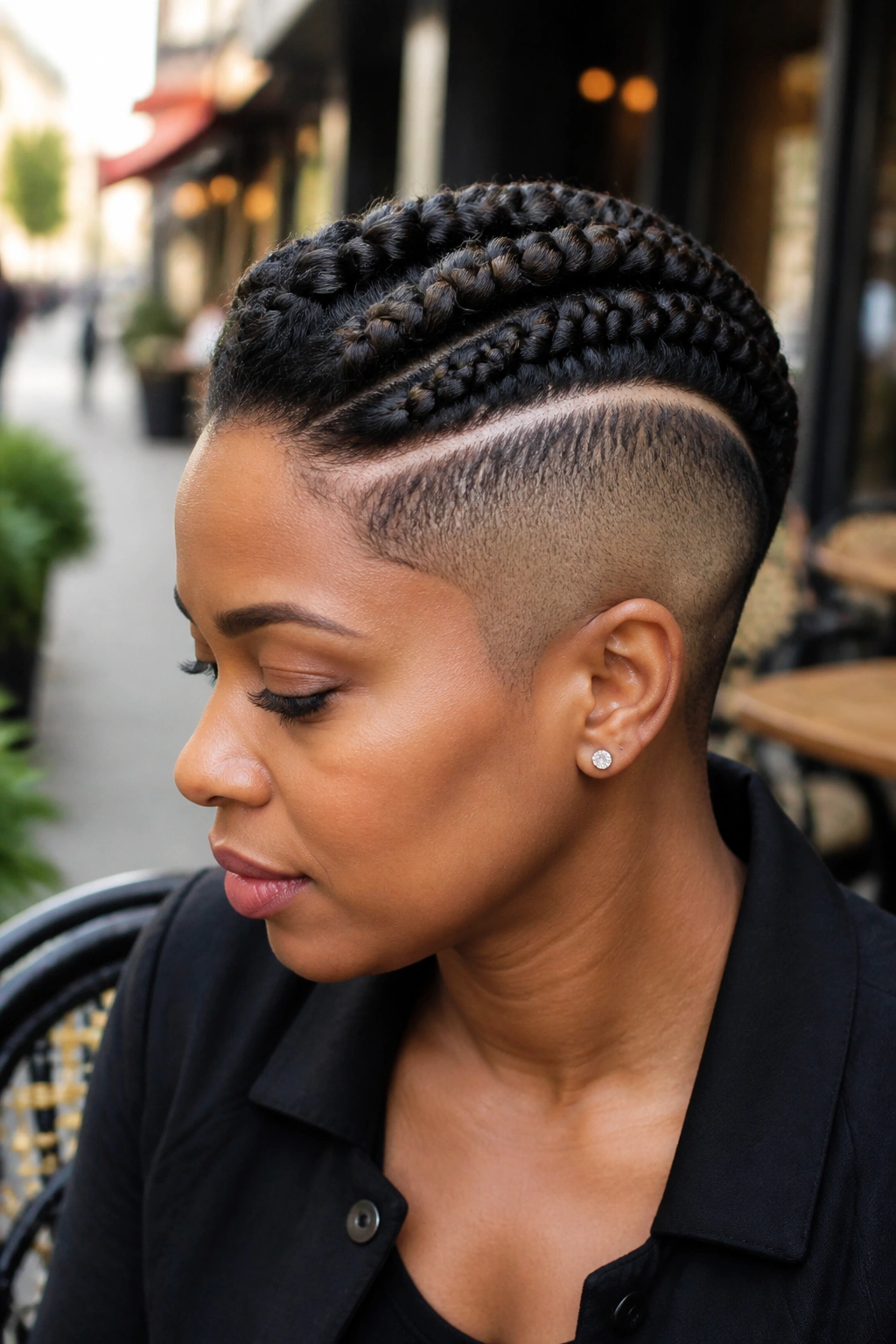 Close-up of a real woman with braided top over a shaved undercut in an urban cafe setting