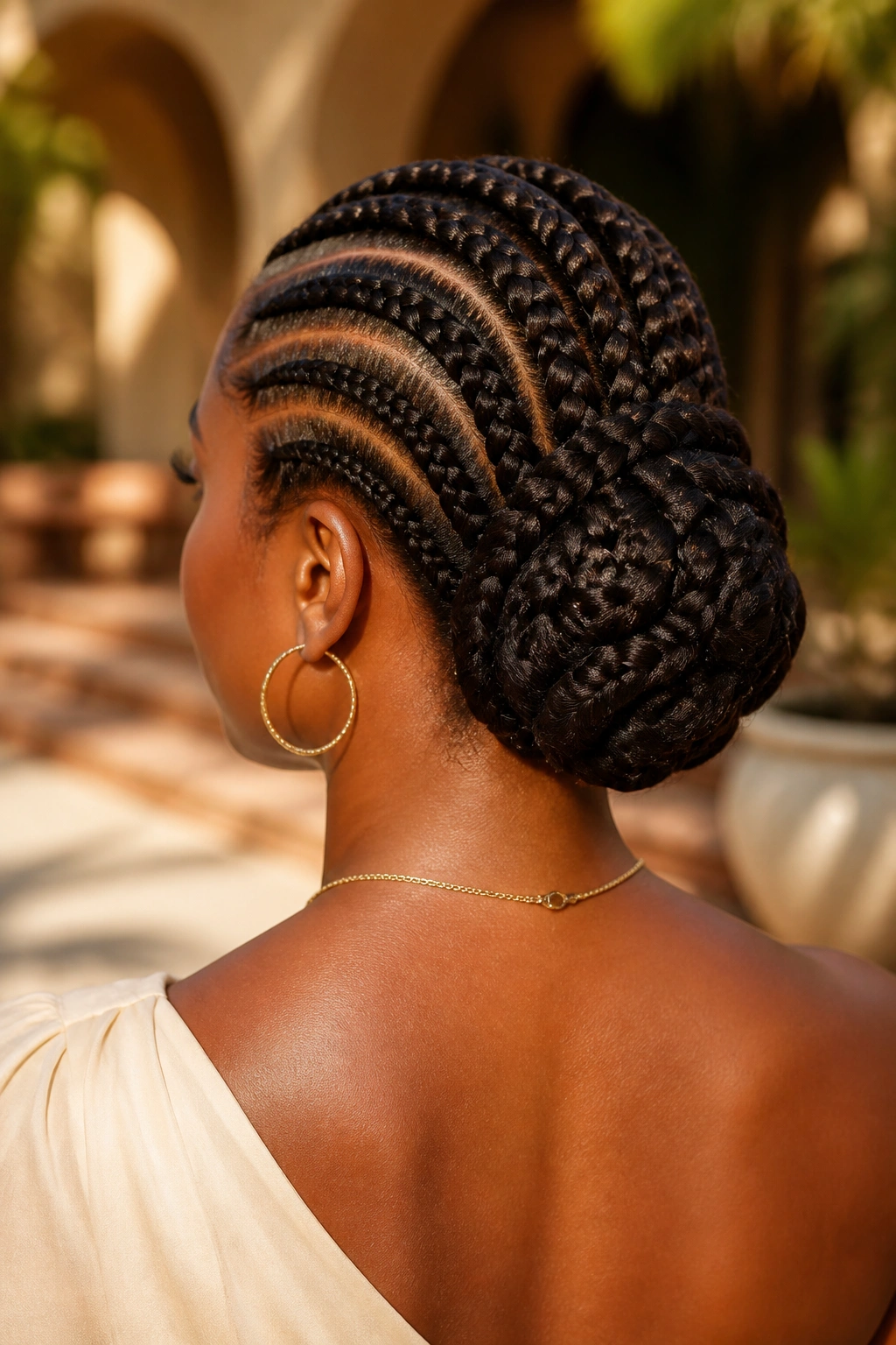 Rear three-quarter portrait of a Black woman with braided updo feed-in detail