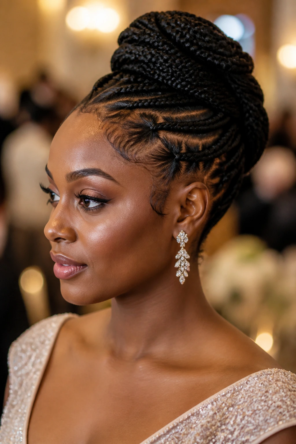 Real person with an elegant braided updo suitable for formal wear