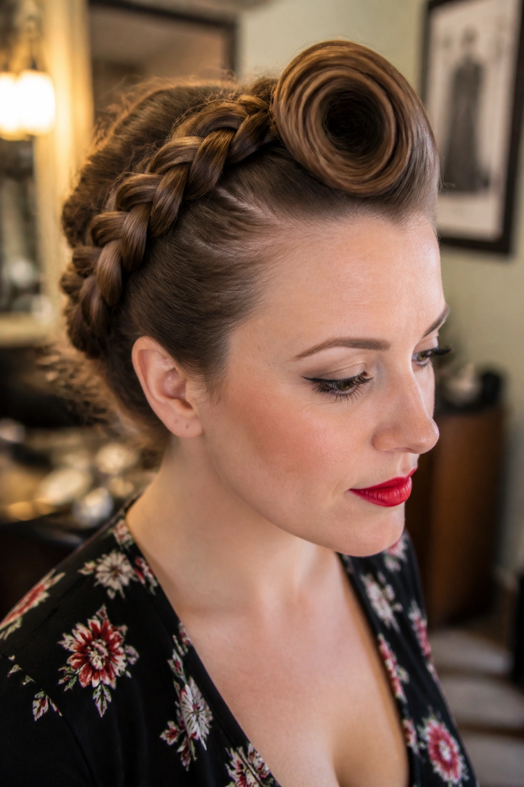 Close-up of a woman with a side braid integrated into a victory roll.