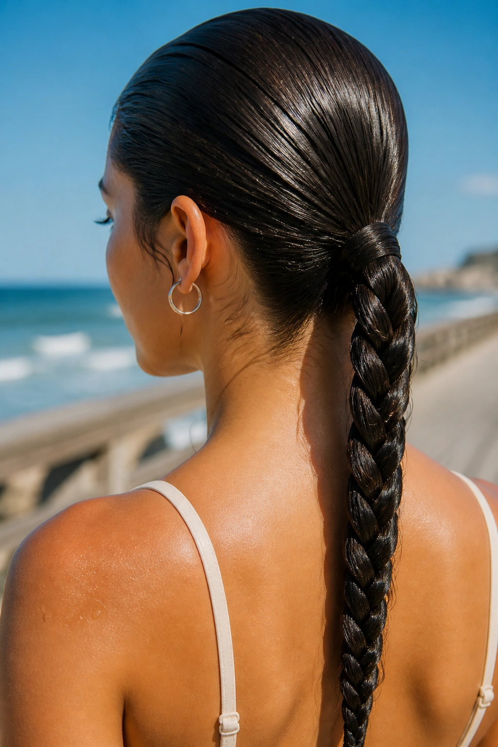 Back view of a real person with a braided wet ponytail on a sunny beach boardwalk